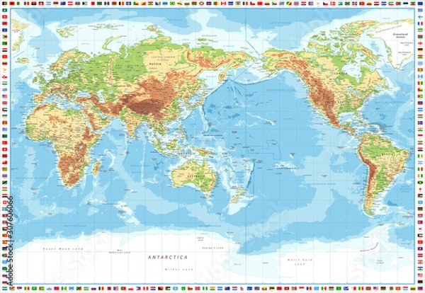 Fototapeta World Map and Flags - Pacific View - Physical Topographic - Vector Detailed Illustration