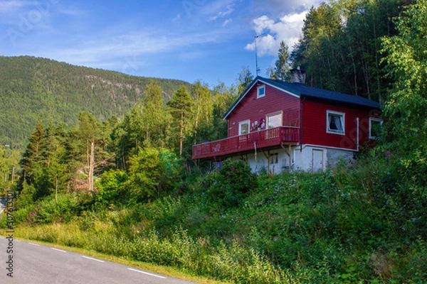 Fototapeta There is a house in forest at the end of city Otta. Norway