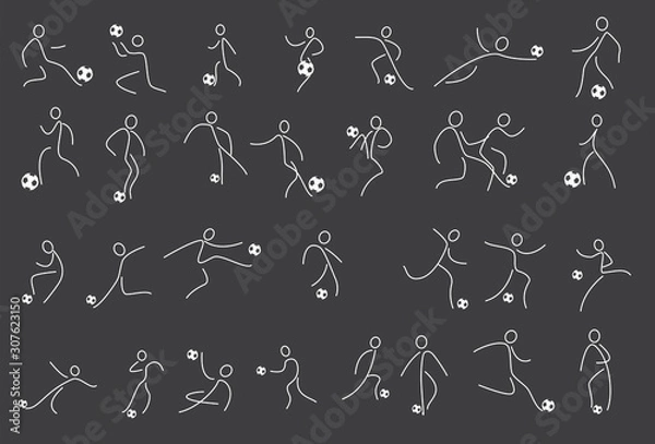 Fototapeta Soccer Players Kicking Ball and goalkeepers. Set Collection of different football poses. Linear Vector illustration
