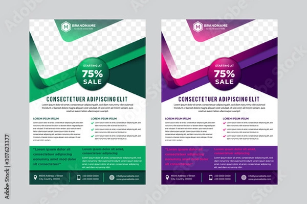 Fototapeta Vector Colorful Flyers Design Template. Vertical Geometric Brochure Layout Concepts. gradient green and purple graphic elements.  Abstract white color Flat Background. Space for photo on top side. 