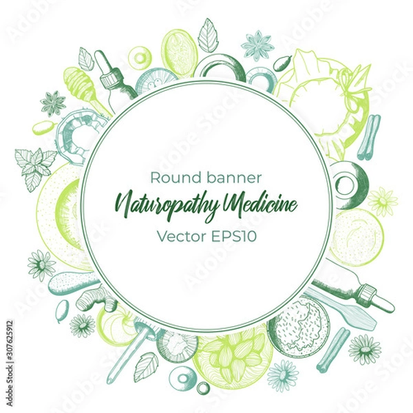 Obraz Colorful vector roundl background with copy space for text and hand drawn illustration of naturopathy elements in sketch style. Best for organic cosmetics and alternative medicine.