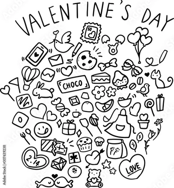 Fototapeta 手書き風バレンタインイラストセット(白黒)