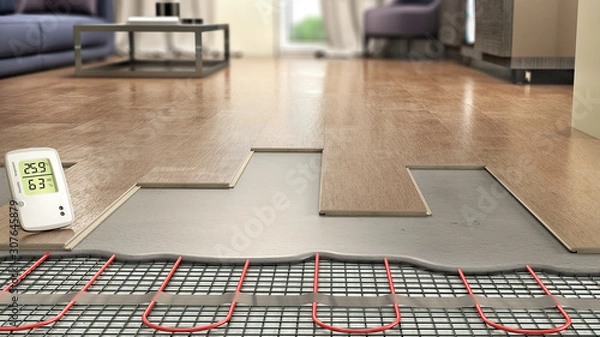 Fototapeta Process of laying laminate panels on floor with underfloor heating, 3d illustration