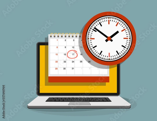 Fototapeta Flat people planning operation, circle mark on calendar. Business operations planning and scheduling concept. Flat design of guys and women standing on laptop.