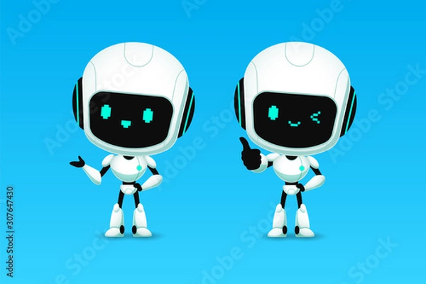 Obraz Zestaw uroczych postaci ai robota pokazać kciuk i prezentację