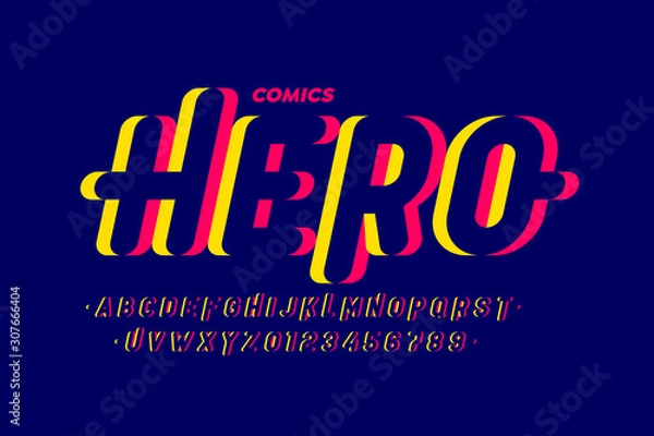 Fototapeta Comics style font, super hero alphabet, letters and numbers