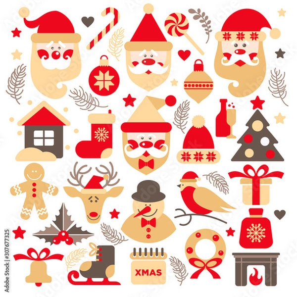 Fototapeta Set of Santa Claus with gifts tree and christmas elements