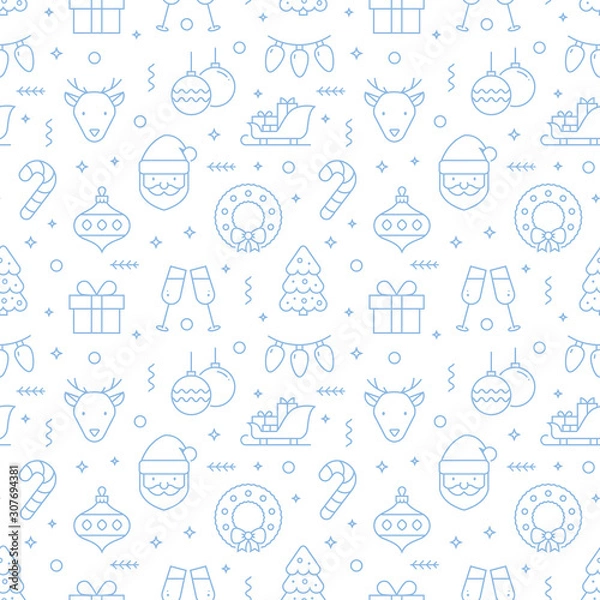 Obraz Christmas seamless pattern with line icons. Vector background.