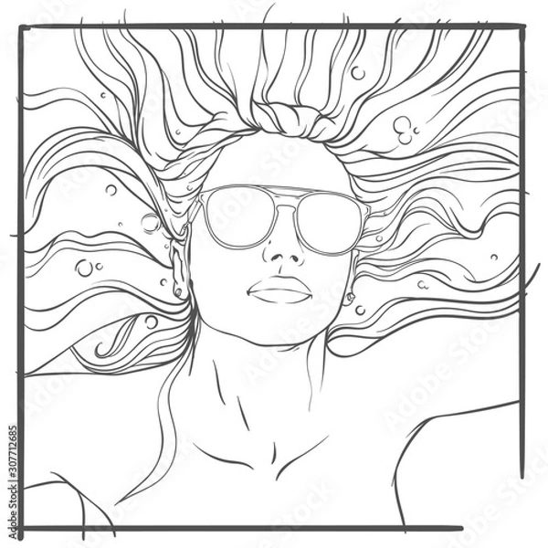 Obraz Girl with long hair and sunglasses in water, girl in the pool line art doodle style, vector illustration isolated on white background, coloring book page