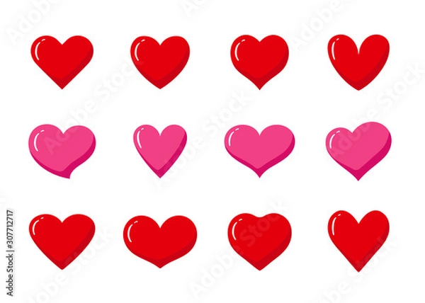 Fototapeta Set of red and pink heart shaped symbols. Collection of different romantic heart icons for web site, sticker, label, tattoo art, love logo and Valentines day.