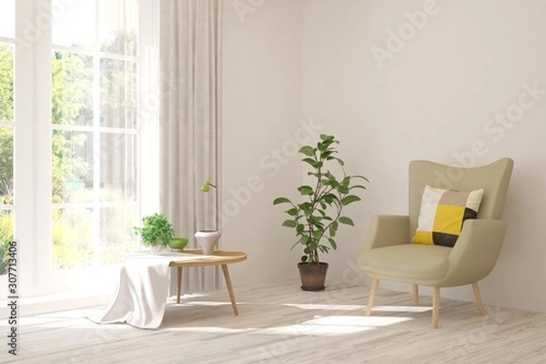 Fototapeta Mock up of stylish room in white color with armchair and green landscape in window. Scandinavian interior design. 3D illustration