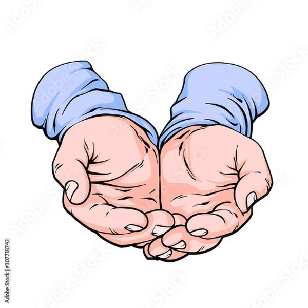 Obraz Realistic hand drawn sketch of hands, vector illustration isolated on white background, cupped hands