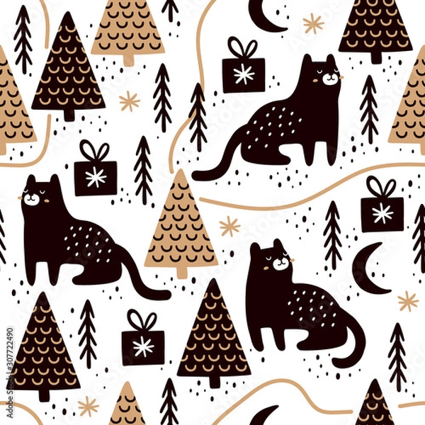 Obraz Seamless pattern with cats and christmas trees. Great for fabric, textile, wrapping paper. Vector Illustration