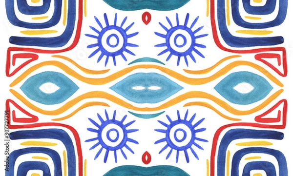 Obraz Embroidery in the traditions of Peru, Aztecs and Maya. Geometric folk ornament fabric.  Colorful seamless pattern in Spanish, Mexican, African,  American Indian rug. Tribal embroidery. Old carpet.