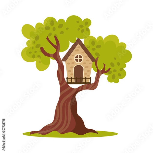 Fototapeta Cute small treehouse with one window. Vector illustration in flat cartoon style
