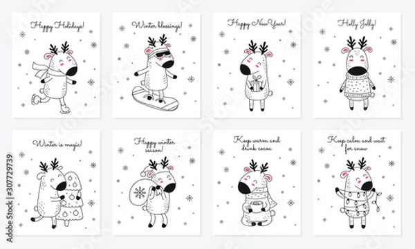 Fototapeta Vector collection of cards with hand drawing cute winter deer and slogan