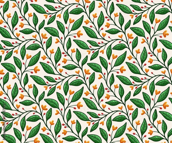 Fototapeta Garden floral vines and leaves seamless vector pattern, in orange and green on light background