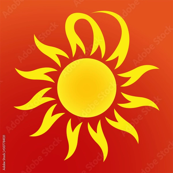Fototapeta Creative yellow sun icon isolated on red background.