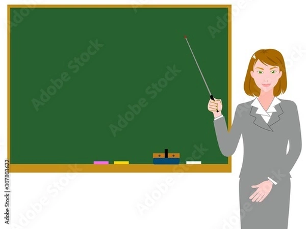 Fototapeta 指し棒で説明するグレーのスーツの女性講師　黒板