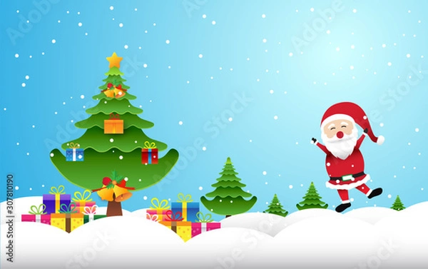 Fototapeta Merry christmas, Santa Claus standing in the snow, winter landscape,vector design