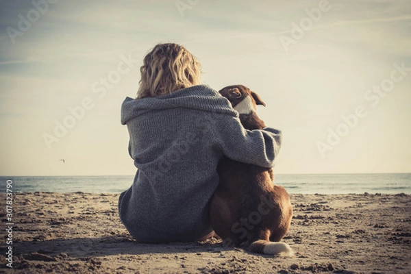 Obraz Young woman sitting and hugging dog on the beach. Friendship concept - woman and dog sitting together on a beach and enjoying sunrise. Back view colorized image