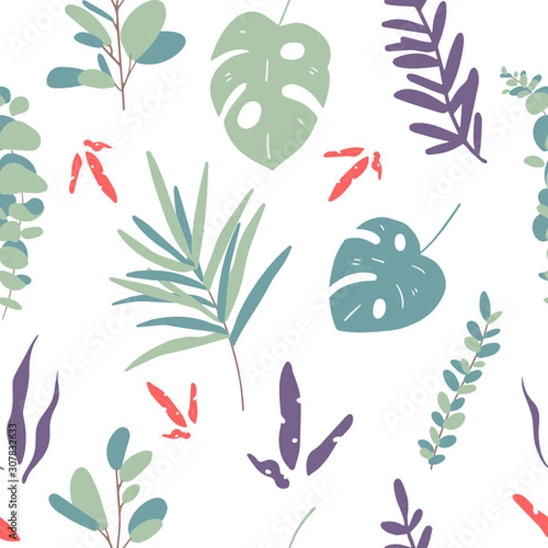 Fototapeta Seamless cute leaves pattern on white background. vector leaves. Can be used for backgrounds, surface textures, wallpapers, print fills. flat design, strips