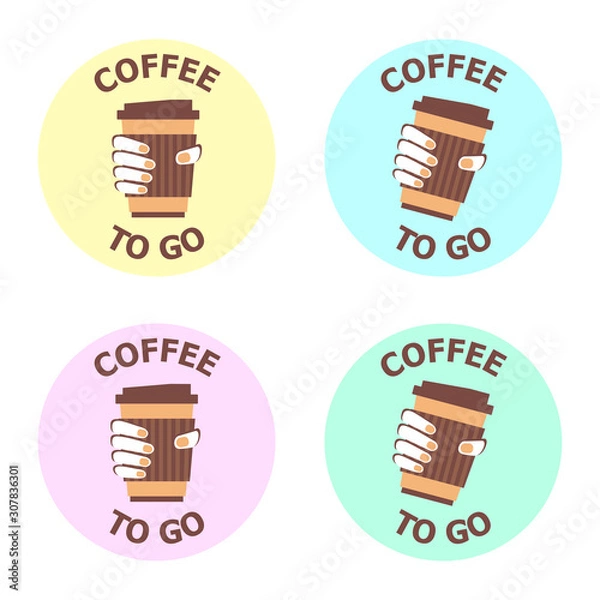 Fototapeta Coffee to go, logotype examples. Flat icon of coffee cup in the hand. Vector illustration with text isolated on the white background. Coffee shop with take away. Business theme, branding