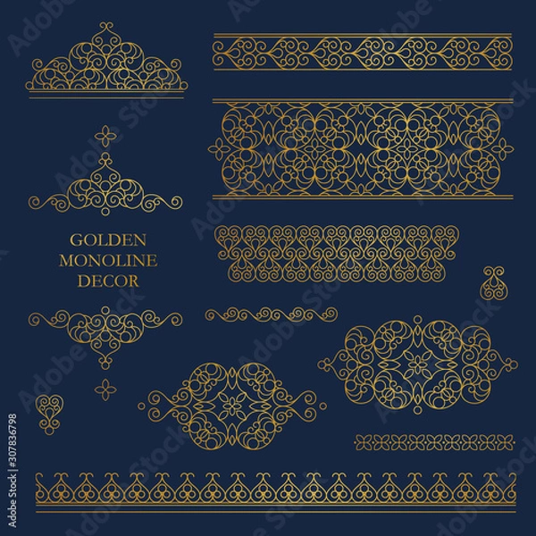 Fototapeta Vector set of line art frames, borders, vignette in Eastern style.