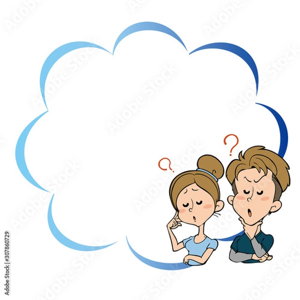 Fototapeta 疑問を持っている若い男女のイラストとふきだし