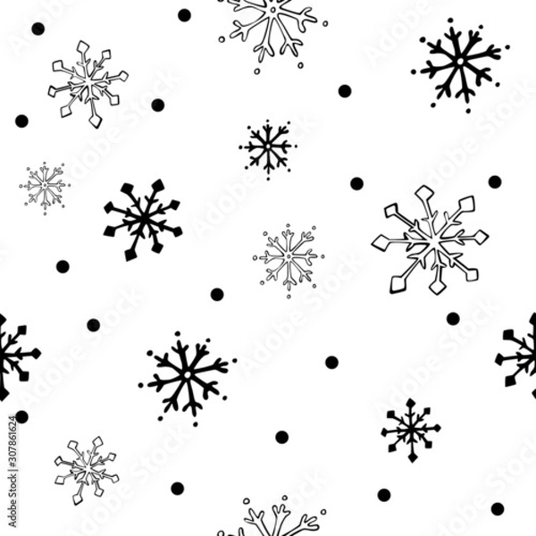 Fototapeta Seamless vector pattern with black and white snoflakes and black dots on white blackground. Doodle hand drawn style. Christmas winter mood. Stock vector illustration for web,  print and textile   