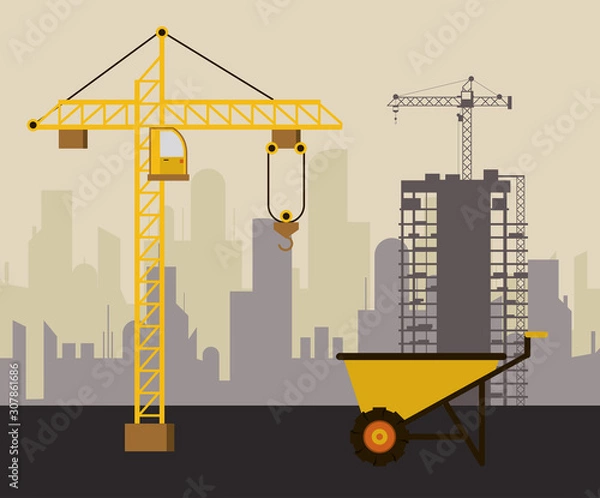 Fototapeta under construction scene with wheelbarrow