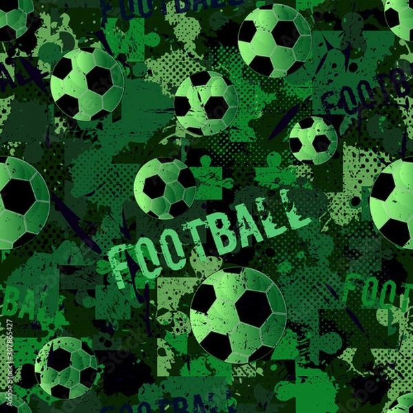 Fototapeta Abstract seamless football pattern for boys. Sport football pattern. Grunge sport urban backdrop with football ball. Sport wallpaper on black background with multicolor spots. Repeated pattern.