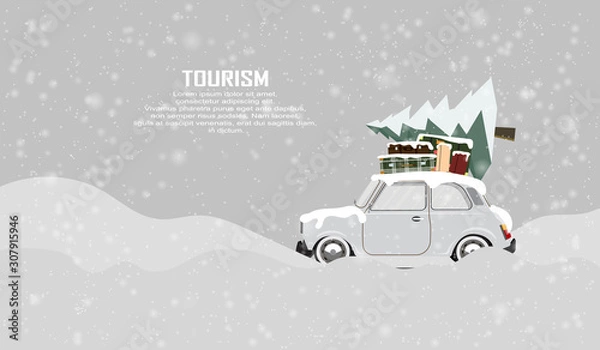 Obraz Winter holidays by car. Trip on a winter vacation in the mountains, forest. Travel to world by car. Christmas, winter wether. Nappy new year. Vector design for banner, post