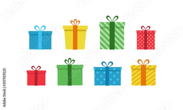 Obraz Colorful gift boxes set. Vector illustration of cute present boxes on white background. Flat design style.