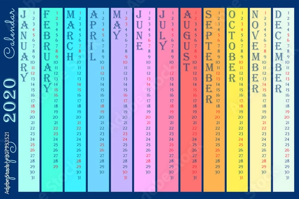 Obraz Wall calendar 2020 with rainbow vertical months, english language.  Multicolored calendar 2020