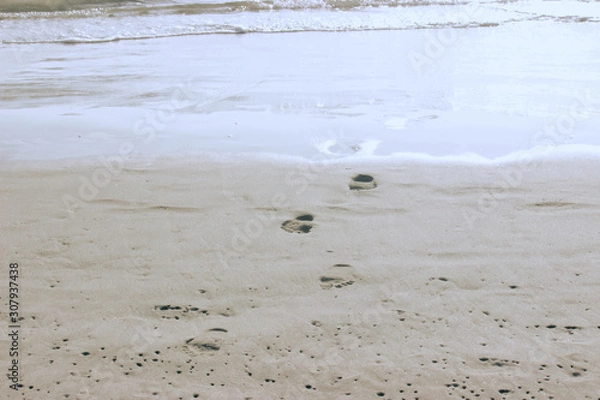 Fototapeta Footprints come out of the sea.