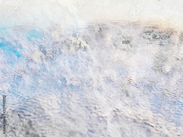 Fototapeta The mixed image of the textured surface of white and grey colors and the natural background of the view of the lake at the warm summer sunset at the City Park. 