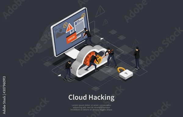 Obraz Isometric hacker activity concept. Infographic template with cloud computer servers hacking cyber thief online. Vector illustration