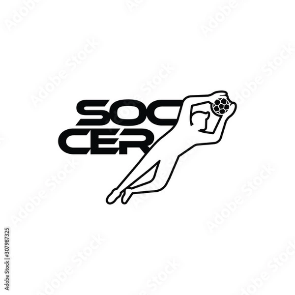 Fototapeta Soccer or football vector illustration. Sport Logo with soccer text and soccer player figure isolated on white background. Vector design template for soccer championship or competition design element.