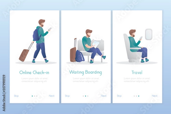 Fototapeta Handsome male traveler with luggage. Set of three posters template for mobile app. Man tourist online check in,waiting boarding and travel.