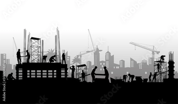 Fototapeta Construction vector background, Worker in a building site at sunset.	