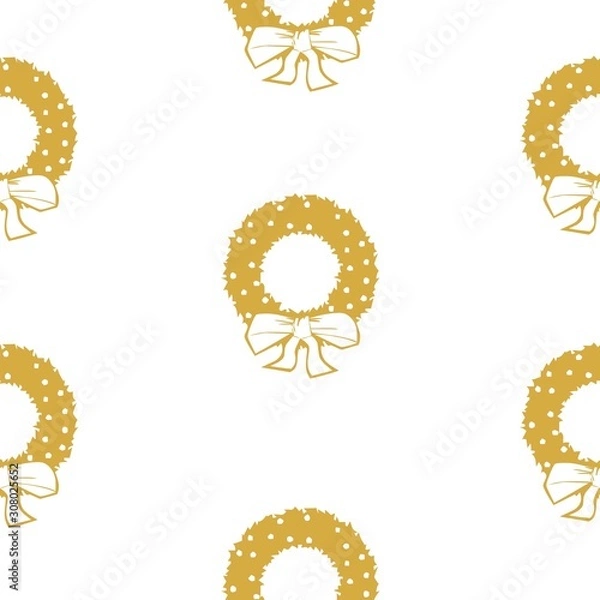 Fototapeta White seamless pattern with golden  Christmas wreaths.  Vector graphic illustration for Merry Christmas and Happy New Year.