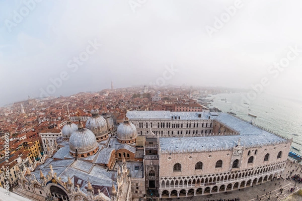 Fototapeta Foggy view from the top of Campanile di San Marco in the morning. Venice, Italy