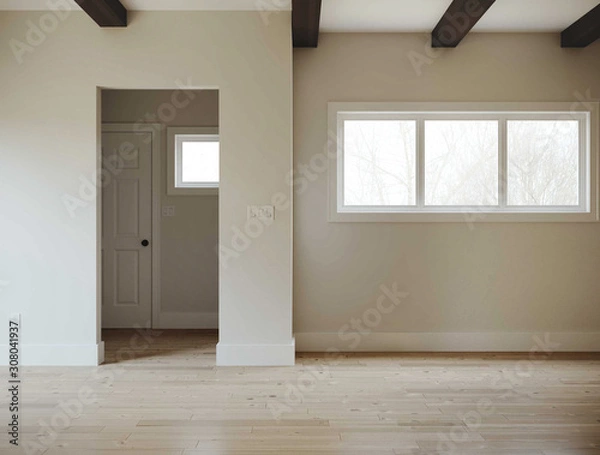 Fototapeta Empty apartment realistic interior wooden floor and white walls. 3d rendering image