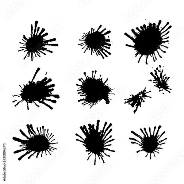 Fototapeta Black ink paint spots. Drops texture isolated on white background. Set for grunge splash textures. Vector illustration.