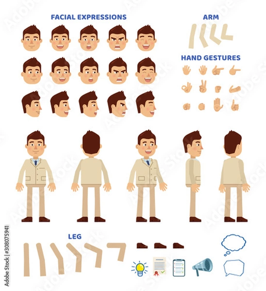 Fototapeta Businessman character creation set. Various gestures, emotions, diverse poses, views. Create your own pose, animation. Flat design vector illustration