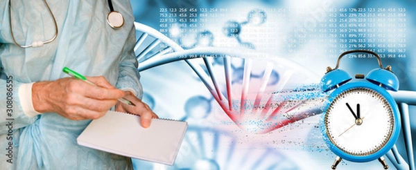 Obraz image of dna chain on biotechnological background and a clock with particles decaying on one side. Gene mutation