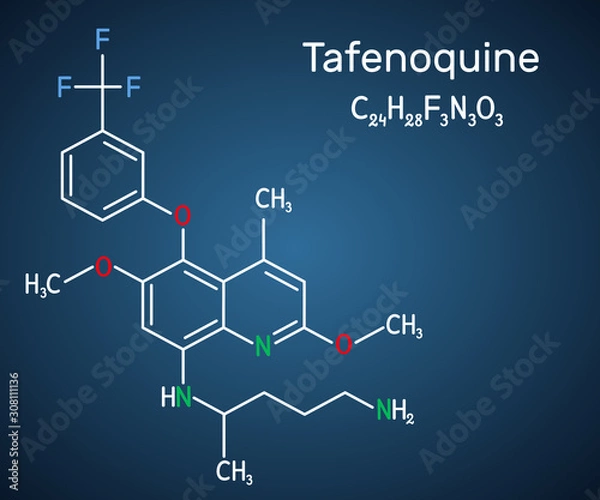 Fototapeta Tafenoquine drug molecule. It is used to prevent and to treat malaria. Structural chemical formula on the dark blue background