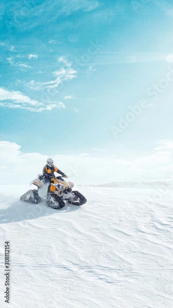 Obraz Man driving sports snowmobile in Finnish Lapland in a sunny day