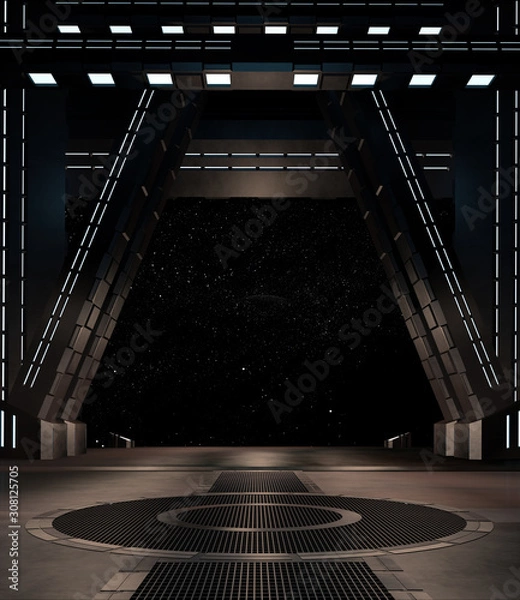 Fototapeta sci fi korytarz z widokiem na kosmiczną galaktykę renderowania 3d